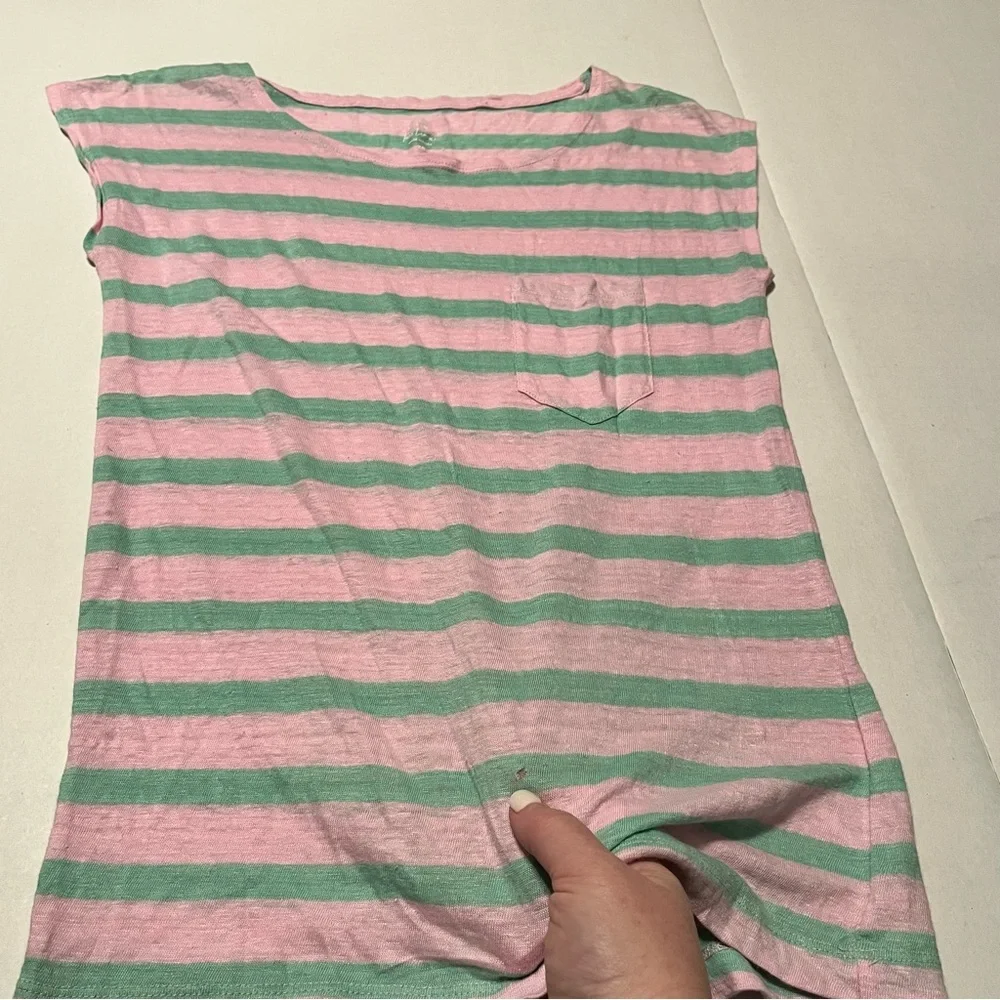 J. Crew Pink Green‎ Stripe 100% Linen Cap Sleeve Pocket Shirt Top Size XS *FLAW*